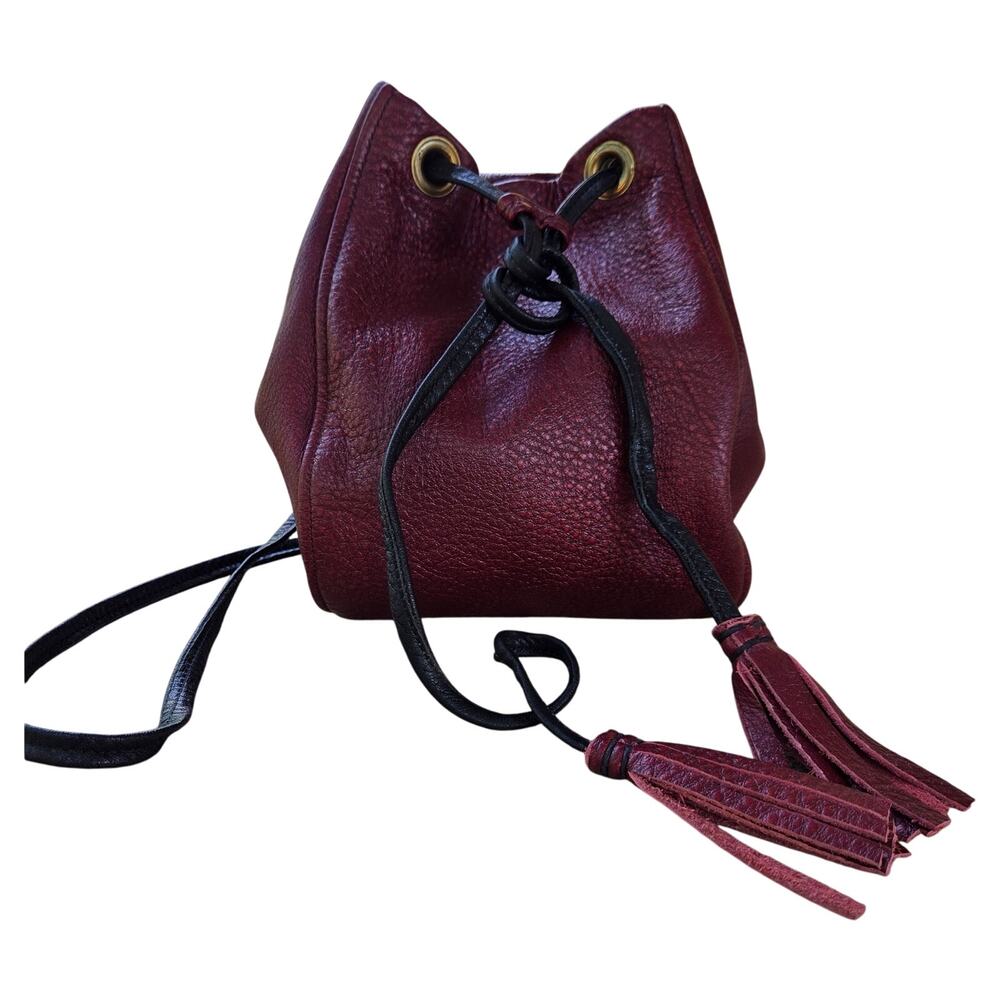 Red Pebble Leather Bucket Crossbody Bag Black Strap & Tassels Drawstring Boho